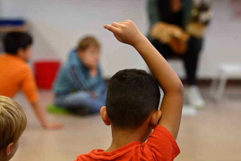 Ein ausländischer Schüler meldet sich in einer Grundschulklasse.