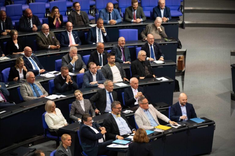 Abgeordnete der AfD-Fraktion sitzen im Plenarsaal des Deutschen Bundestages. Aufnahme während der Aktuellen Stunde zum Verhältnis der AfD zu Rußland, bei der mehrere Fraktionen der Partei Nähe zum Kreml vorwarfen. Abgeordnete der AfD-Fraktion während der Aktuellen Stunde im Bundestag: Die Debatte drehte sich um das Verhältnis der Partei zu Rußland. Foto: picture alliance/dpa | Alicia Windzio