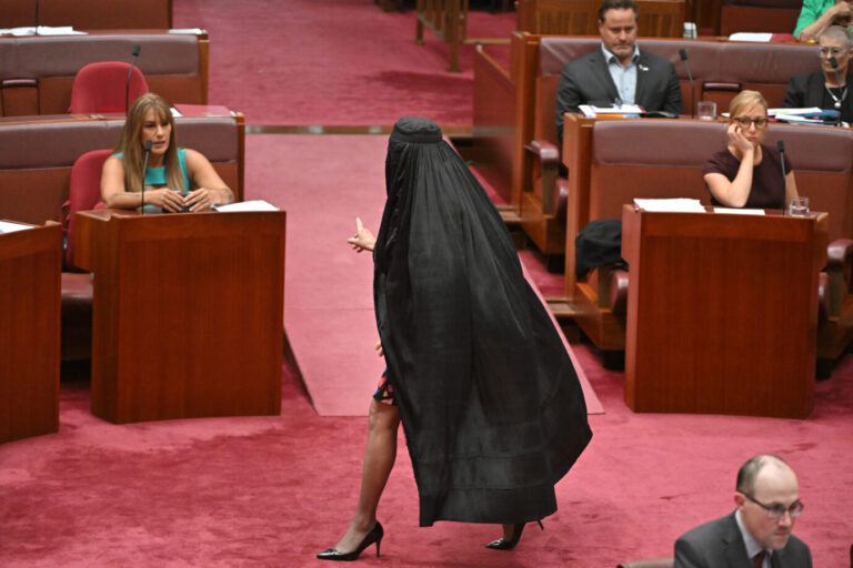 Die australische Senatorin Pauline Hanson mit Burka im australischen Senat