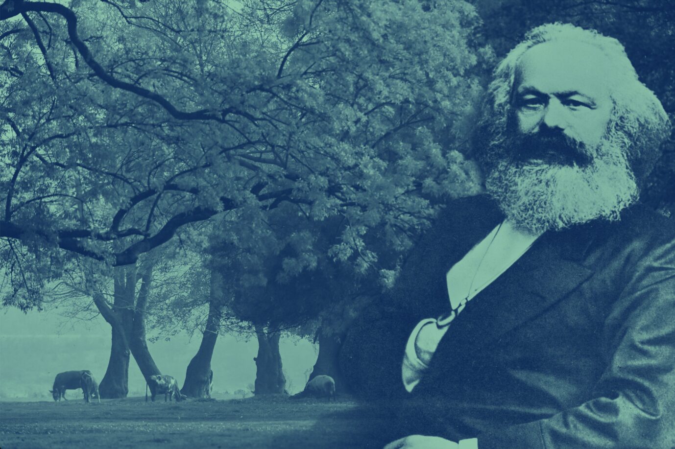 Der Wirtschaftsphilosoph Karl Marx sitzt vor einem grünen Wald