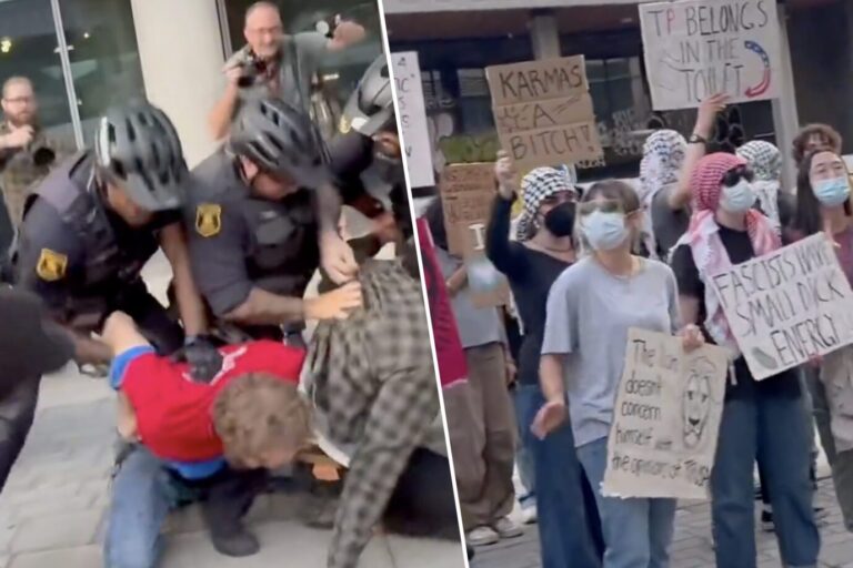 Links sieht man linksextreme Demonstranten in Berkeley, rechts sieht man wie Polizisten einen Linken davon abhalten, einen Rechten anzugreifen