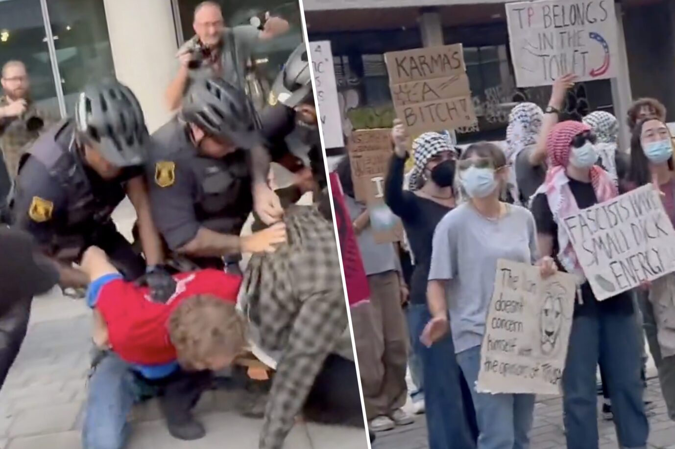 Links sieht man linksextreme Demonstranten in Berkeley, rechts sieht man wie Polizisten einen Linken davon abhalten, einen Rechten anzugreifen