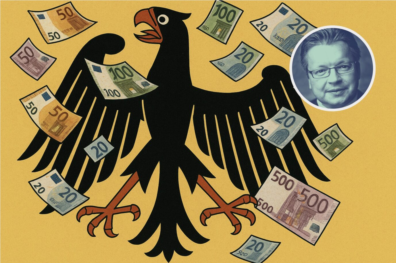 Vor einem gelben Hintergrund ist der Adler der Bundesrepublik Deutschland zu sehen, Euroscheine fliegen von ihm weg – Symbolbild dafür daß Deutschland der Zahlmeister der EU ist