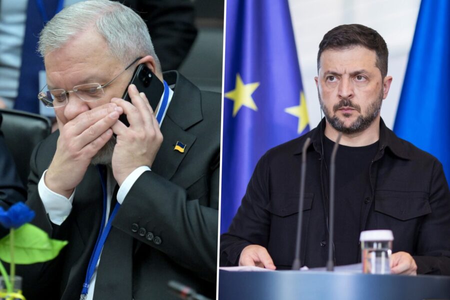 Ukraines suspendierter Justizminister Herman Haluschtschenko (l.) und Präsident Präsidenten Wolodymyr Selenskyj. Der ukrainische Justizminister tuschelt in sein Handy. Der Korruptionsskandal hat ihn eingeholt.
