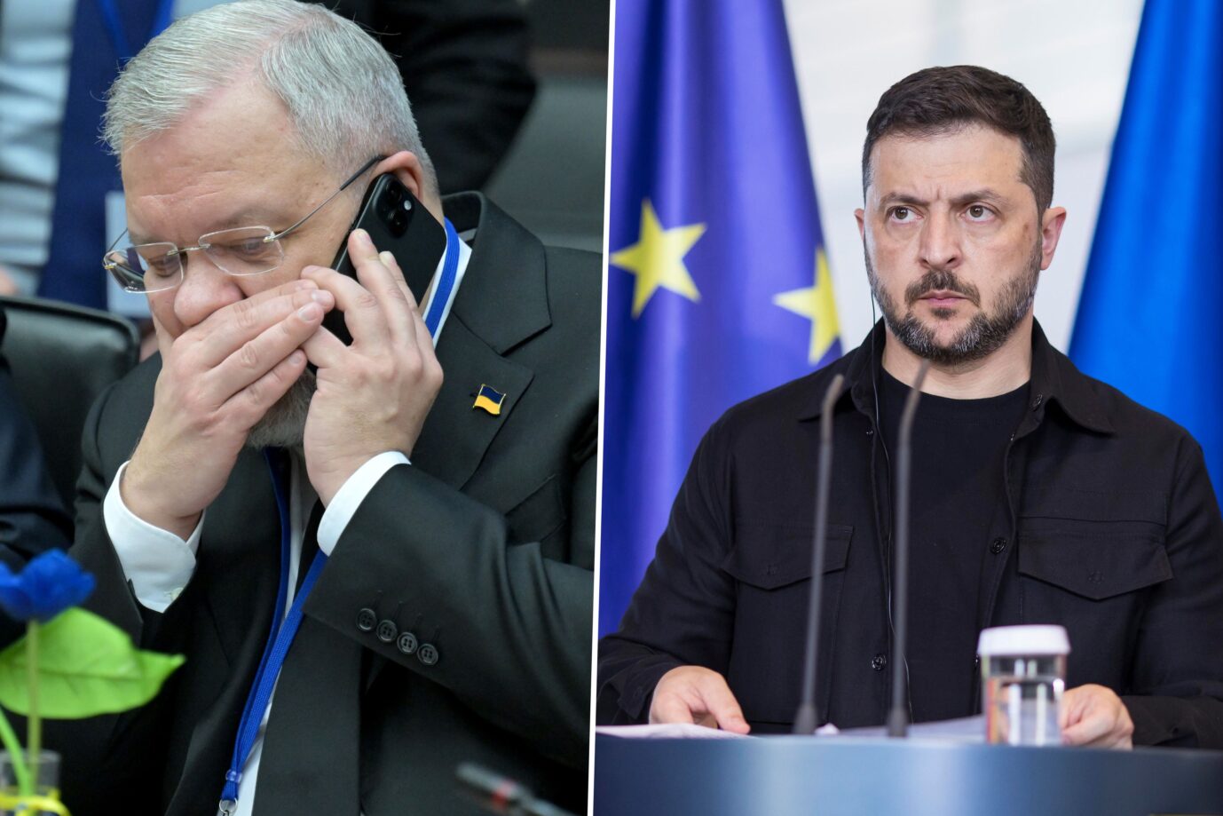 Ukraines suspendierter Justizminister Herman Haluschtschenko (l.) und Präsident Präsidenten Wolodymyr Selenskyj. Der ukrainische Justizminister tuschelt in sein Handy. Der Korruptionsskandal hat ihn eingeholt.