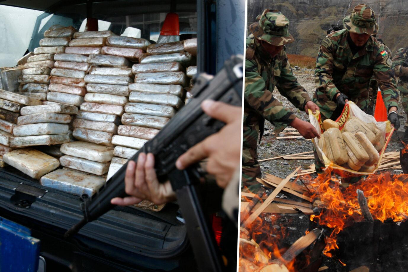 Kokainpakete in einem Truck. Bolivianische Spezialkräfte verbrennen das weiße Pulver.