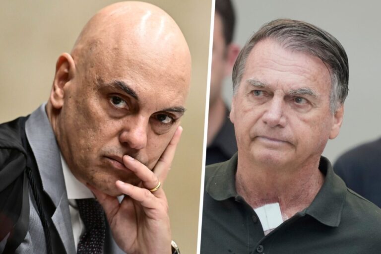 Richter Alexandre de Moraaes (l.) mit eisernem Blick und Brasiliens Ex-Präsident Jair Bolsonaro: Die Strafe wurde bestätigt. Fotos: picture alliance / NurPhoto | Ton Molina /// picture alliance / ASSOCIATED PRESS | Eraldo Peres