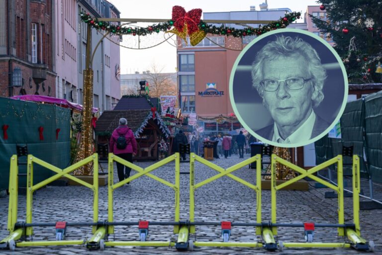 Absperrgitter vor einem Weihnachtsmarkt in Frankfurt (Oder): Dem Kommentarautor zufolge eine Konsequenz der CDU-Migrationspolitik. (Themenbild/Collage)