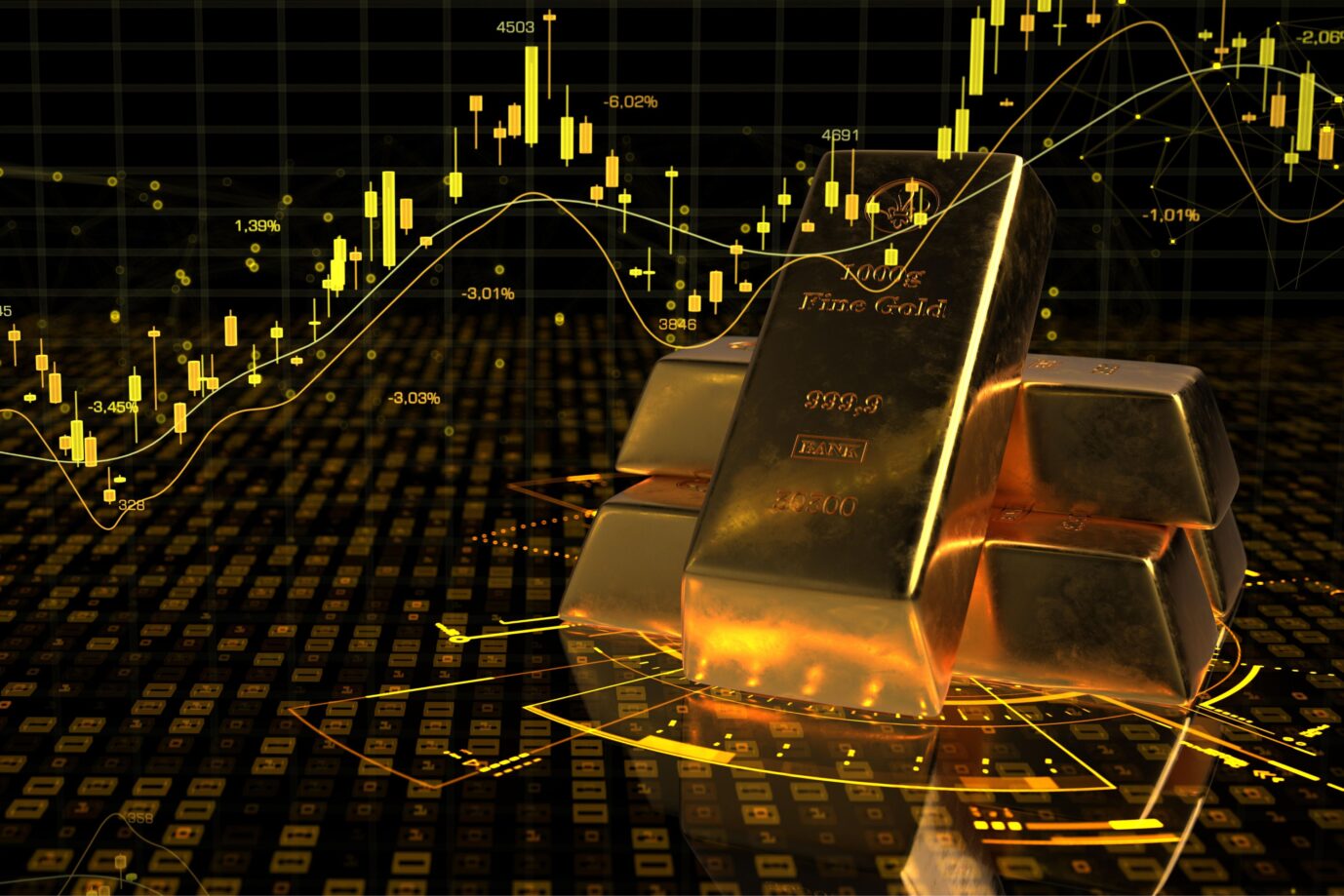 Die Grafik zeigt zwei Goldbarren und ein Kerzendiagramm.