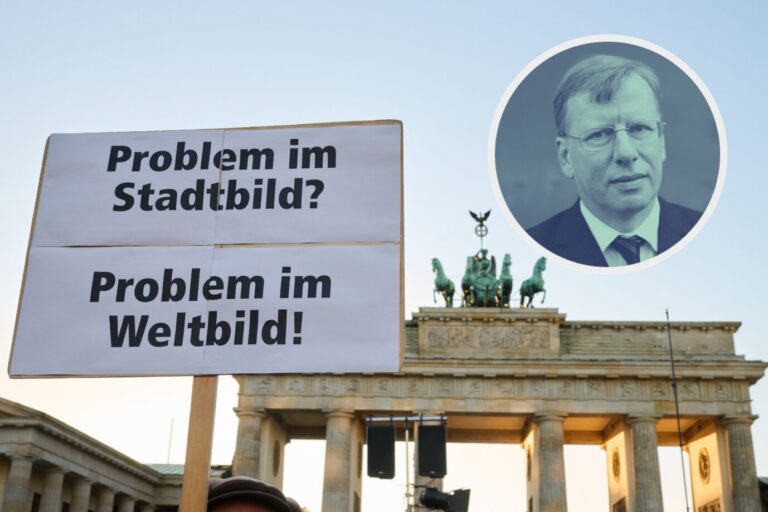 Ein Slogan bei der „Stadtbild“-Demonstration gegen Bundeskanzler Friedrich Merz (CDU): Im Buch „Die blockierte Republik“ plädiert Frank Trentmann dafür, Alterung und Migration zusammenzudenken. (Themenbild/Collage)
