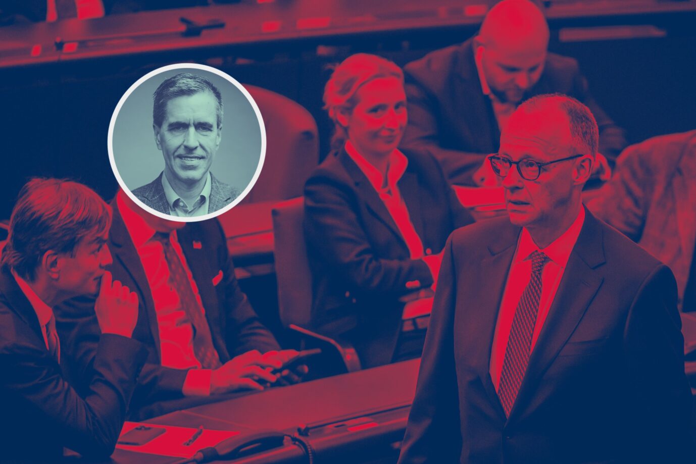 Der designierte Bundeskanzler Friedrich Merz (CDU. r-l), geht nach dem zweiten Durchgang der Kanzlerwahl an der AfD-Fraktion vorbei, als er ins Plenum des Bundestags kommt. Hinter ihm sitzen Alice Weide, AfD-Bundessprecherin und Mitglied des Deutschen Bundestages, Tino Chrupalla, Vorsitzender der AfD-Bundestagsfraktion, und Bernd Baumann, erster parlamentarischer Geschäftsführer der AfD-Bundestagsfraktion. Nach dem Scheitern von CDU-Chef Merz im ersten Anlauf bei der Wahl zum Bundeskanzler soll es noch am Dienstag einen zweiten Wahlgang im Bundestag geben. Alice Weidel blickt Friedrich Merz hinterher: Schwarz-blaue Phantasie. Foto: Kirill Singer/JF; verw. Bild: picture alliance/dpa | Christoph Soeder