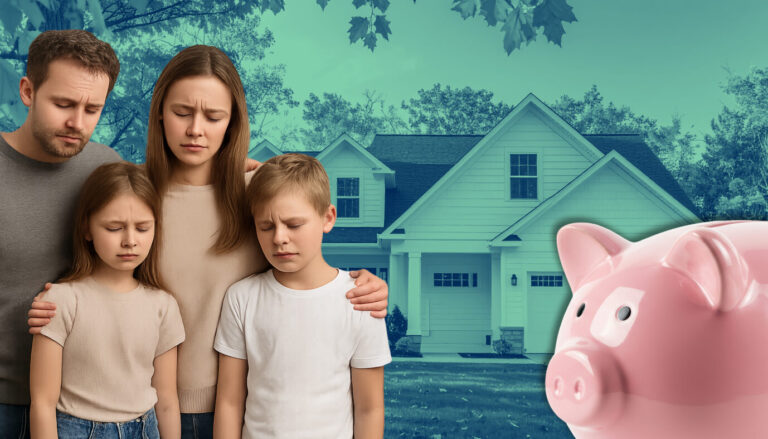 Das Bild zeigt eine traurige Familie, ein Haus und ein Sparschwein. Es ist ein Symbolbild für einen Text darüber, daß immer weniger Menschen in Deutschland sich ein Eigenheim leisten können.