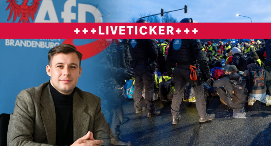 Der designierte Vorsitzende der AfD-Jugend, Jean-Pascal Hohm, und Proteste gegen den AfD-Parteitag in Riesa: Massive Demonstrationen angekündigt. Fotos: picture alliance / PIC ONE | Bastian Stock, picture alliance/dpa | Lilli Förter /// Montage JF