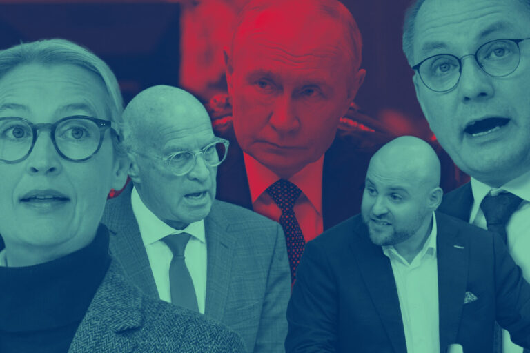 AfD-Politiker Weidel, Lucassen, Frohnmaier und Chrupalla, im Hintergrund Rußlands Präsident Wladimir Putin