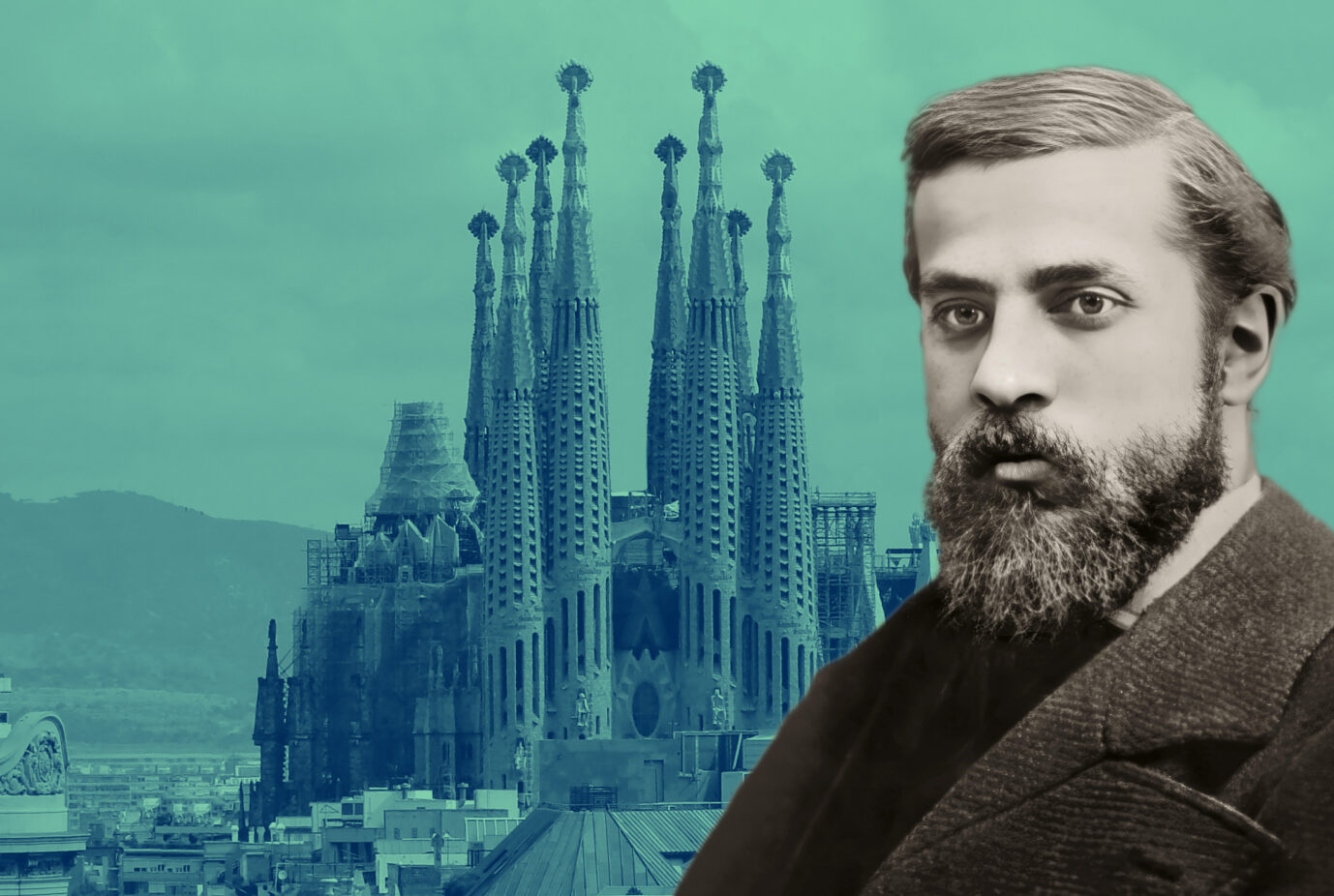 Antoni Gaudi (1826-1925) und sein bekanntestes Werk, die noch unvollendete Sagrada-Familia-Basilika. (Themenbild/Collage)