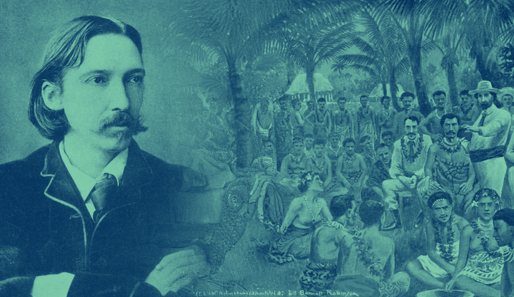 Links sieht man den britischen Schriftsteller Robert Louis Stevenson auf einem Porträt, mit Schnauzbart und verschränkten Armen, auf dem rechten Bild ist Stevenson in der Südsee zu sehen, umringt von Eingeborenen