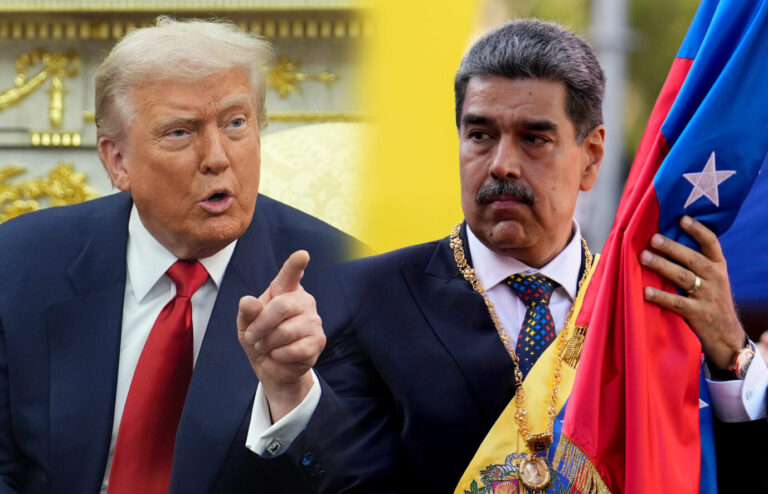 Links sieht man US-Präsident Donald Trump, der drohend den Zeigefinger hebt, daneben sieht man den venezolanischen Präsidenten Nicolás Maduro