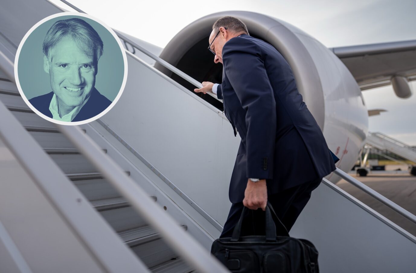 Ein gescheiterter Kanzler Friedrich Merz, die Leiter und das tote Laub vom Herbst der Reformen