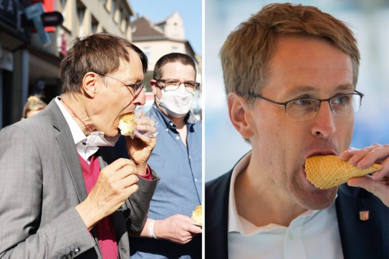 Karl Lauterbach ißt Kuchen und Daniel Günter nascht am Eis: Wollen beide eine Zuckersteuer. Fotos: picture alliance/dpa | Oliver Berg /// picture alliance/dpa | Oliver Berg