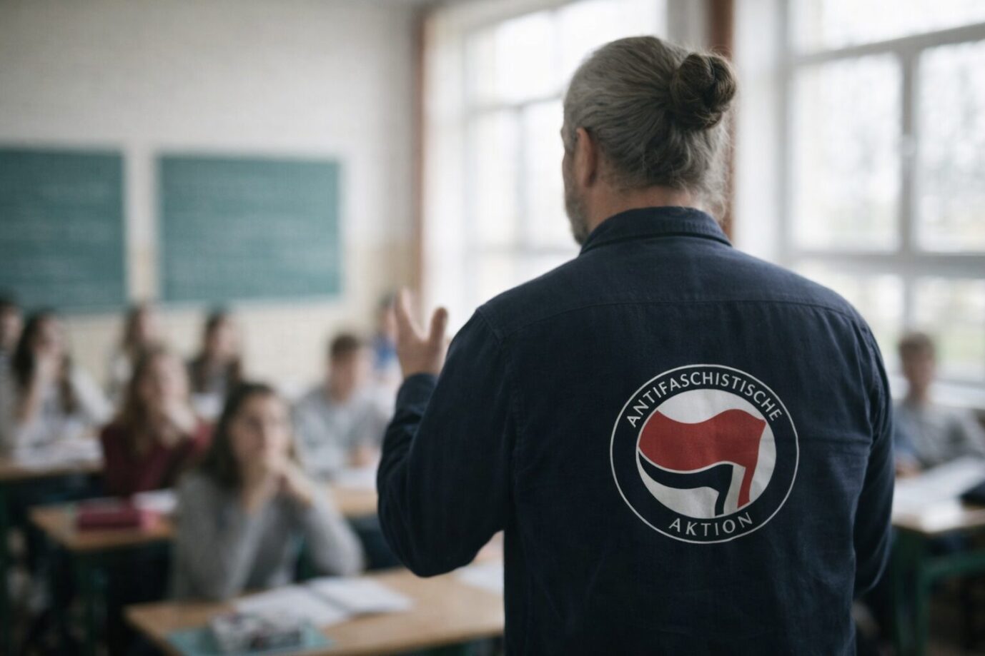 Ein linker Lehrer zeigt auf einen Schüler