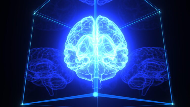 KI: Leuchtend blau dargestelltes menschliches Gehirn in einer geometrischen Struktur. Symbolbild für Künstliche Intelligenz, algorithmische Vernetzung und die Frage nach Kontrolle über autonome technische Systeme. Digitales Gehirn, als Synonym für künstliche Intelligenz, in der Denkweise gefangen. 3D-Abbildung.