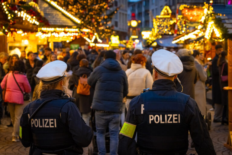 Eine Polizeipatrouille auf einem Weihnachtsmarkt