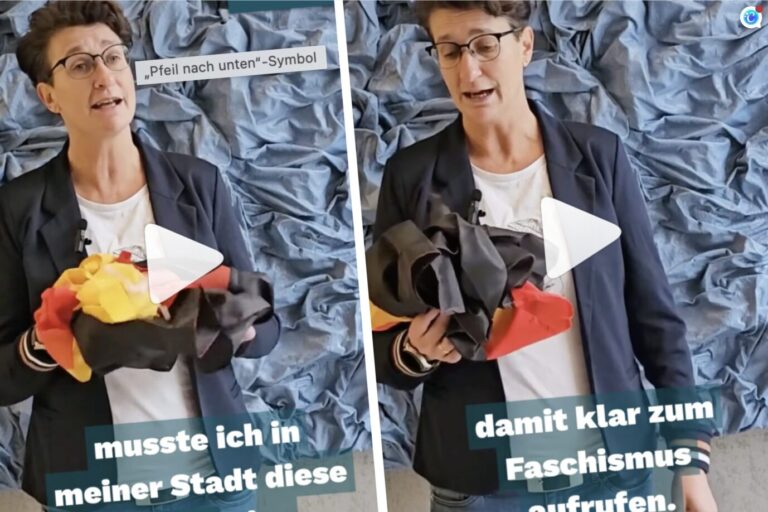 Eine Frau mit passiv-aggressivem Kurzhaarschnitt steht mit einer Deutschlandfahne und hält sie in die Kamera, zuvor hat die Linkspartei-Politikern Wenke Brüdgam diese Fahne abgerissen