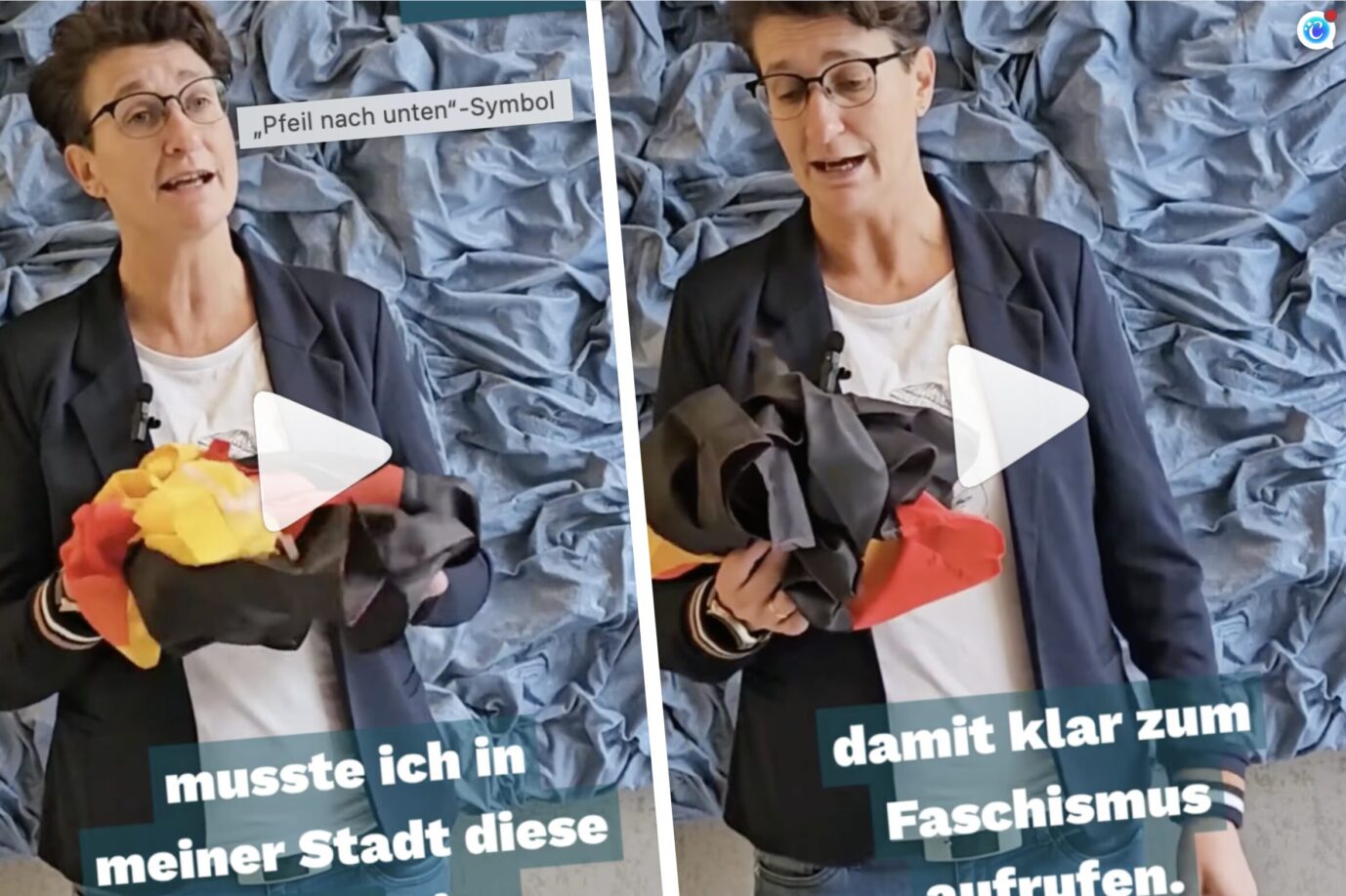 Eine Frau mit passiv-aggressivem Kurzhaarschnitt steht mit einer Deutschlandfahne und hält sie in die Kamera, zuvor hat die Linkspartei-Politikern Wenke Brüdgam diese Fahne abgerissen