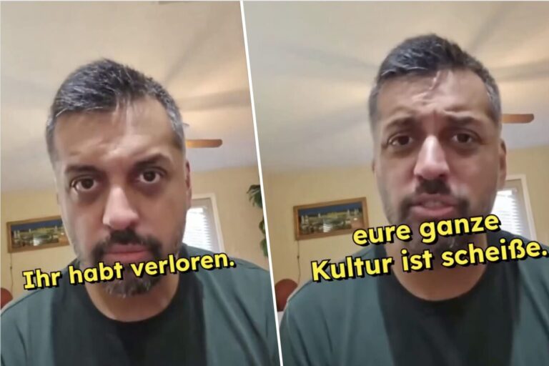 Man sieht einen mittelalten Mann mit pakistanischem Migrationshintergrund, der in die Kamera schaut und Haßbotschaften gegen Weiße äußert