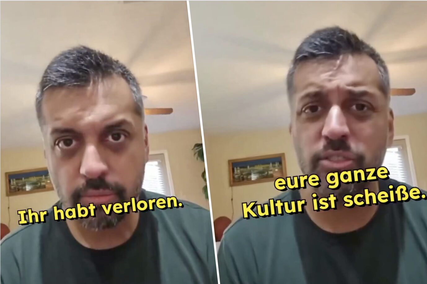 Man sieht einen mittelalten Mann mit pakistanischem Migrationshintergrund, der in die Kamera schaut und Haßbotschaften gegen Weiße äußert