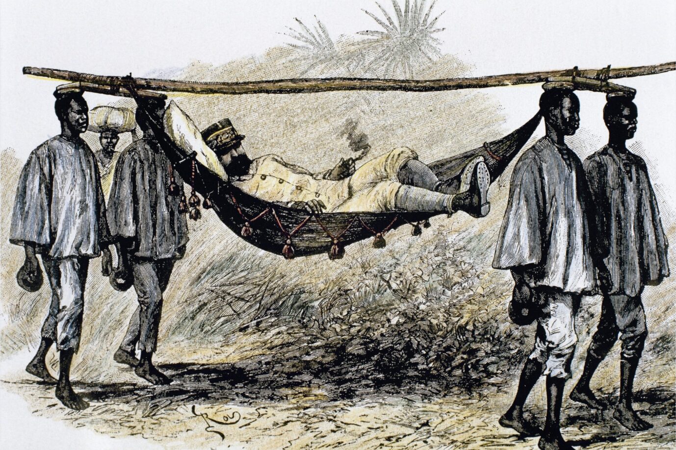 So sieht Mausfeld den Westen: Als einen weißen Kolonialherren, der sich von unterdrückten schwarzen Sklaven in einer Sänfte tragen läßt