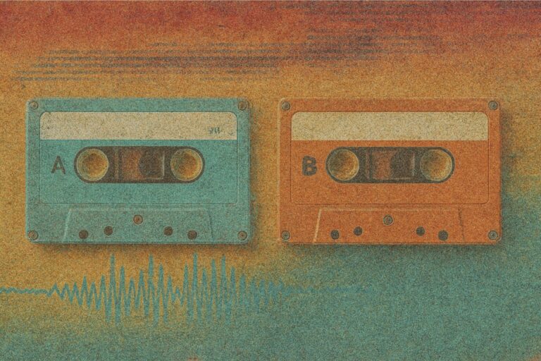 Zwei Kassetten stehen neben einer verzerrten Tonspur … Symbolbild für die Magie des Mangels im Sounddesign von Popmusik