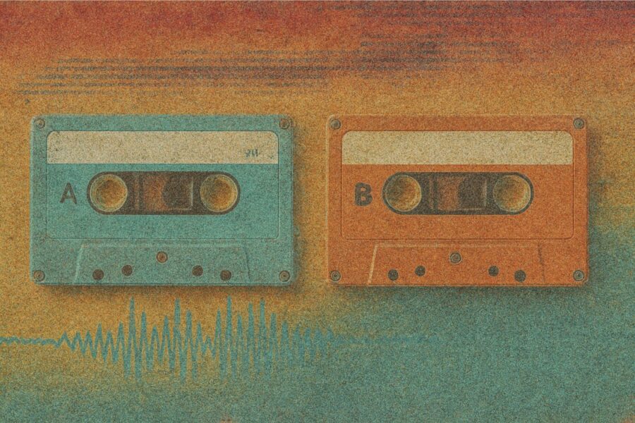 Zwei Kassetten stehen neben einer verzerrten Tonspur … Symbolbild für die Magie des Mangels im Sounddesign von Popmusik