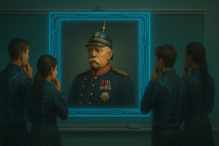 Vier Schüler in der Zukunft rätseln, wer Bismarck ist. Bildungskrise Deutschland