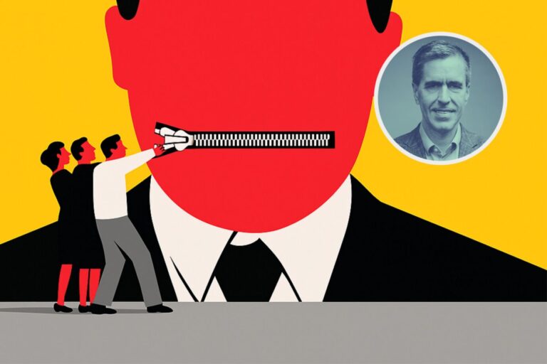 Die Zeichnung zeigt mehrere Menschen, die einem anderen einen Reisverschluß vom Mund wegziehen. Es ist ein Symbolbild für Meinungsfreiheit und Cancel Culture.