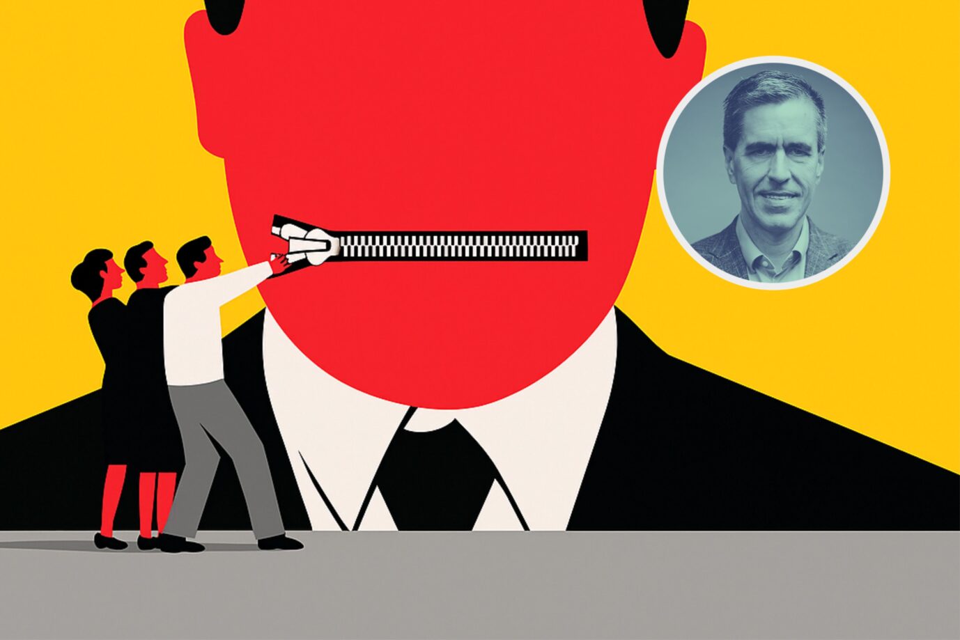 Die Zeichnung zeigt mehrere Menschen, die einem anderen einen Reisverschluß vom Mund wegziehen. Es ist ein Symbolbild für Meinungsfreiheit und Cancel Culture.