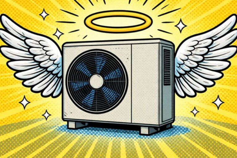 Das Bild zeigt eine Wärmepumpe mit Heiligenschein und Engelsflügeln.