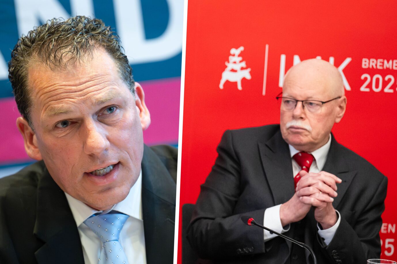 Links ist Jan Timke in Nahaufnahme zu sehen, rechts Ulrich Mäurer vor rotem Hintergrund mit gefalteten Händen. Darstellung der politischen Auseinandersetzung in Bremen und SEO-Bezug zu Timke, Mäurer und Migration. Jan Timke (l.), Bremer Fraktionsvorsitzender des Bündnis Deutschland, und Ulrich Mäurer (SPD), scheidender Innensenator von Bremen: Verharmlosung von Migrationsfolgen. Fotos: picture alliance/dpa | Sina Schuldt