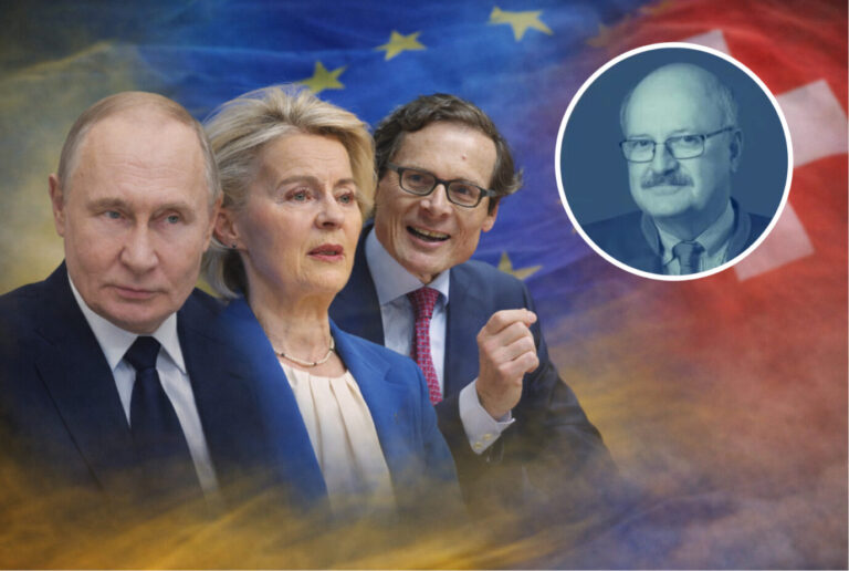 Das Bild zeigt den russischen Präsidenten Wladimir Putin, EU-Kommissionspräsidentin Ursula von der Leyen und den Chefredakteur der Weltwoche, Roger Köppe.