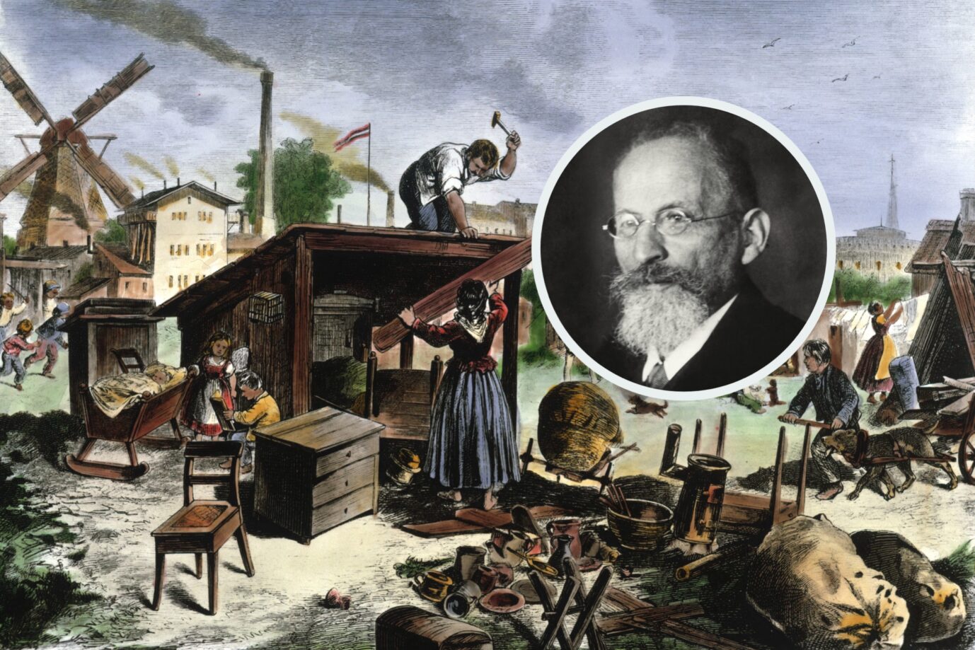 Zeichnung eines Elendsvororts Berlins im 19. Jahrhundert: Eduard Bernstein (im Zirkel) versprach den Arbeitern die Befreiung vom Mangel. (Themenbild/Collage)