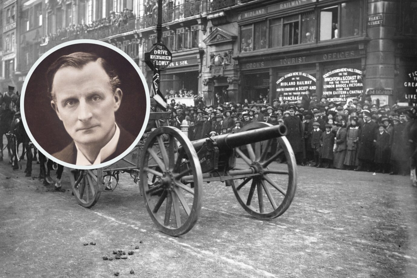 Eine Kanone auf eine Straße Londons kurz nach dem Ausbruch des Ersten Weltkrieges: Außenminister Edward Grey (im Zirkel) sprach sich vor dem Kriegsbeginn im Geheimen mit Frankreich und Rußland ab. (Themenbild/Collage)