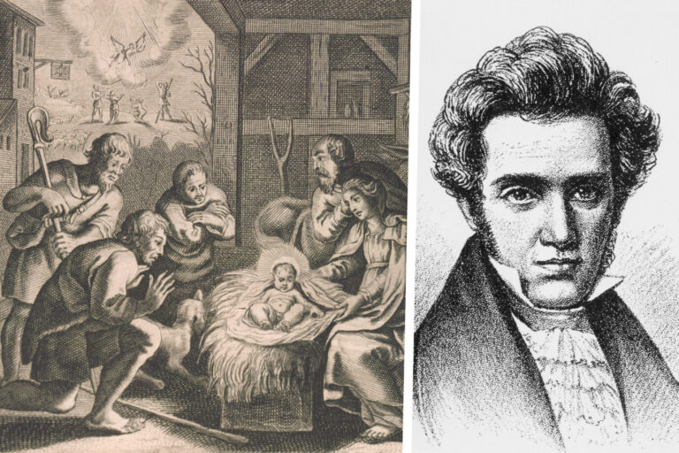 Die Anbetung der Hirten im Stall Jesu: Für Søren Kierkegaard (r.) war Gott dem Menschen absolut ungleich. (Themenbild/Collage)