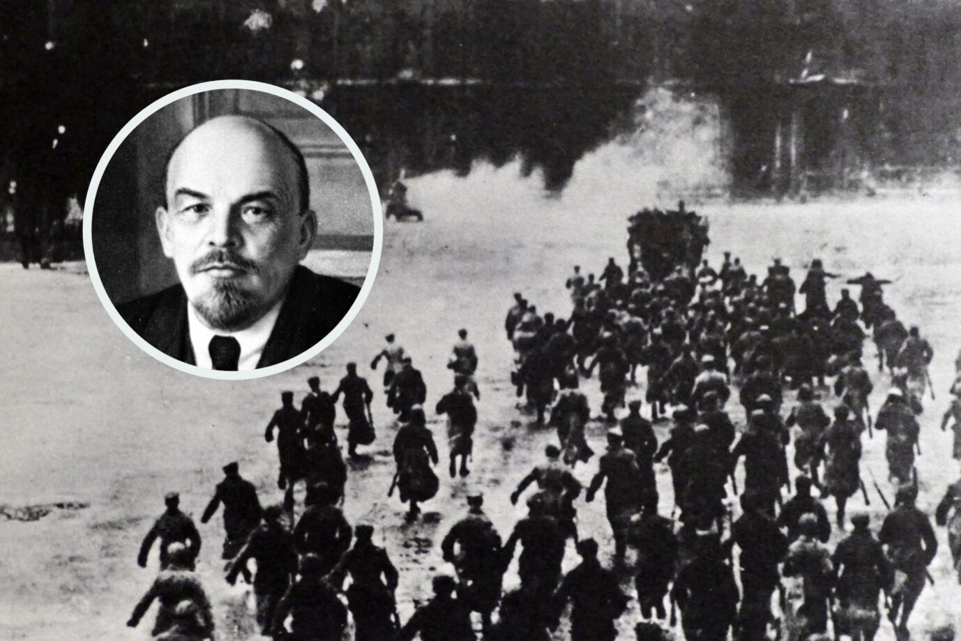 Die Stürmung des Winterpalasts im Jahr 1917: Wladimir Lenin (im Zirkel) träumte seit seiner Jugend von einem radikalen Umsturz. (Themenbild/Collage)