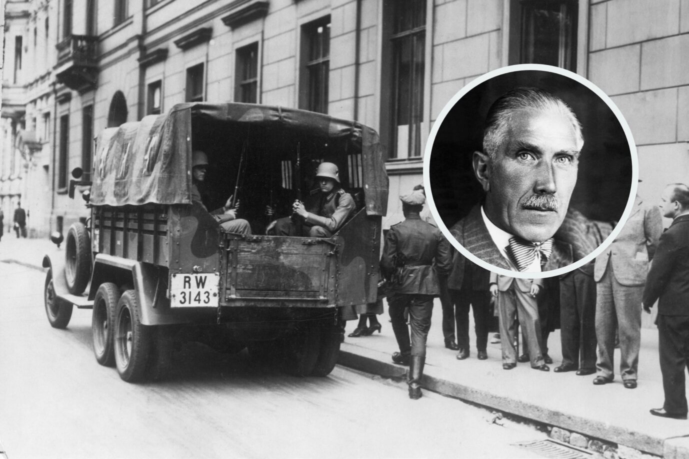 Die Reichswehr steht vor dem preußischen Innenministerium, 1932: Reichskanzler Franz von Papen (im Zirkel) veranlaßte zuvor den „Preußenschlag“. (Themenbild/Collage)