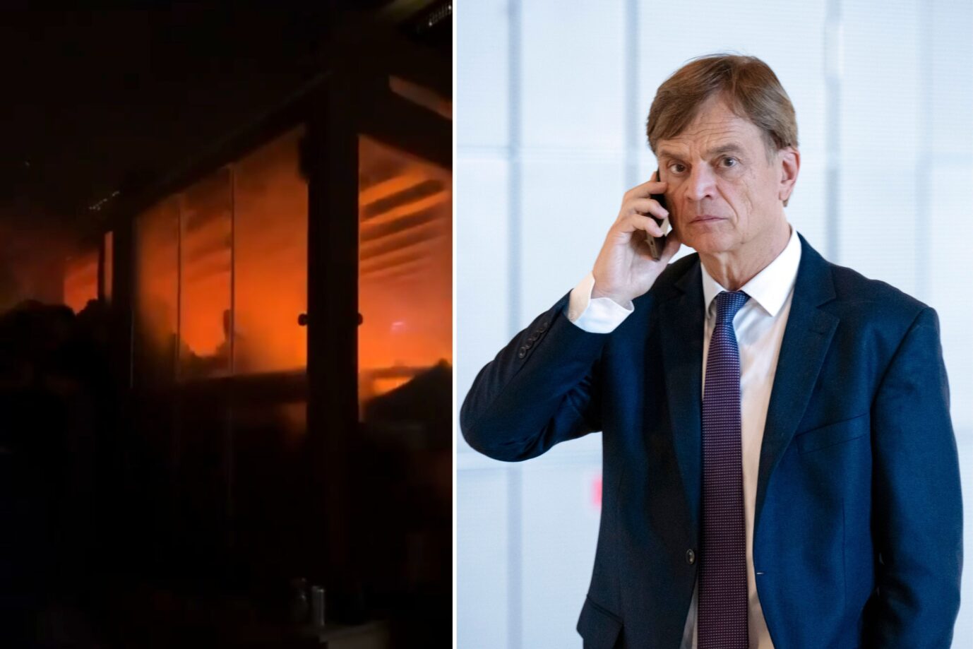 Feuerkatastrophe in der Schweiz und Bernd Baumann im Bundestag: Wie sicher ist der Fraktionssaal der AfD. Fotos: Screenshot/X /// picture alliance / Geisler-Fotopress | Bernd Elmenthaler/Geisler-Fotopr