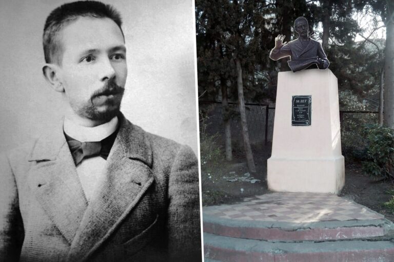 Links sieht man das Antlitz des russischen Komponisten Wassili Kalinnikow, daneben seinen Grabstein