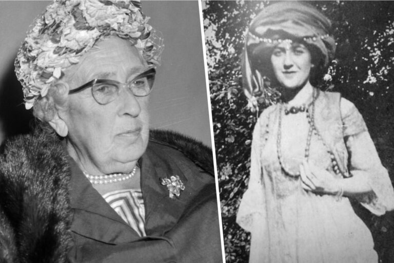 Links sieht man die britische Schriftstellerin Agatha Christie im hohen Alter – und rechts als junge Dame