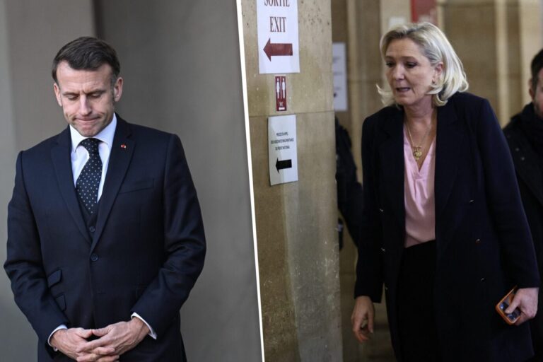 Links sieht man den französischen Präsidenten Emmanuel Macron geknickt zu Boden schauen, daneben schaut die RN-Präsidentschaftskandidatin Marine Le Pen ebenfalls eher wenig begeistert drein