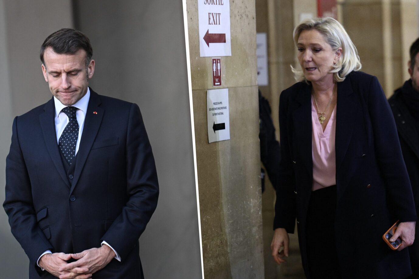 Links sieht man den französischen Präsidenten Emmanuel Macron geknickt zu Boden schauen, daneben schaut die RN-Präsidentschaftskandidatin Marine Le Pen ebenfalls eher wenig begeistert drein