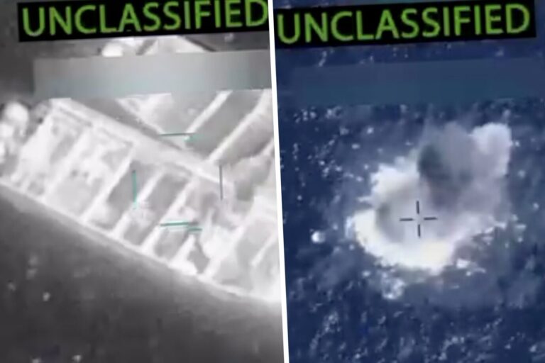 Man sieht verwaschene Aufnahmen eines Bootes im Pazifik, vor und nach dem Beschuß durch Militär der USA